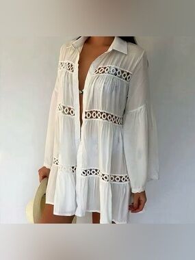 Boho White Cotton Button Up Tunic Top Cover-Up Dress Beach/ kimono